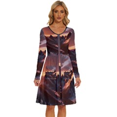 Landscape Mountains Nature Long Sleeve Dress With Pocket by Ravend