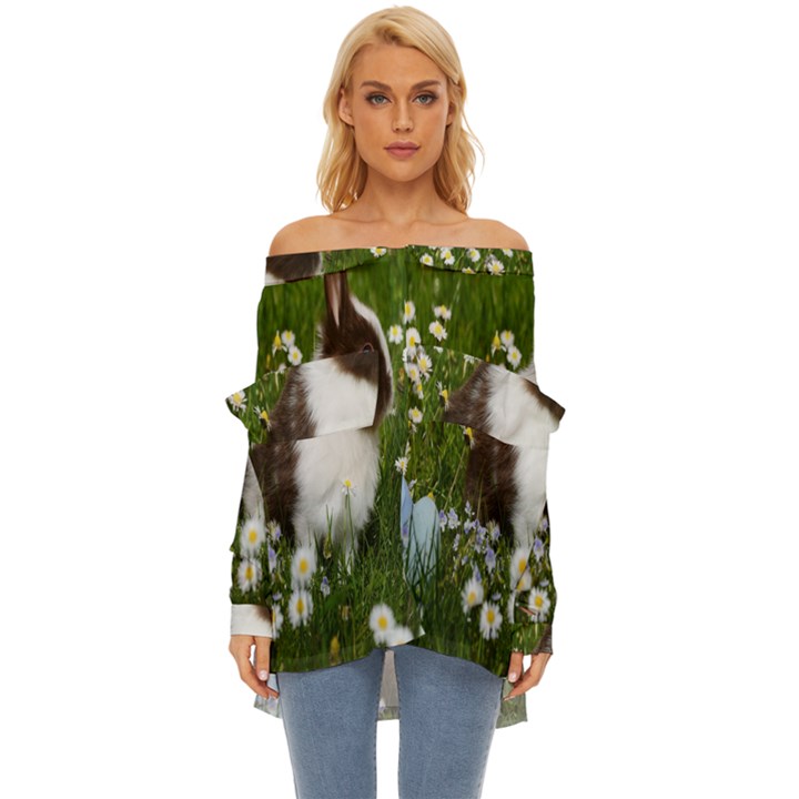 Rabbit Off Shoulder Chiffon Pocket Shirt