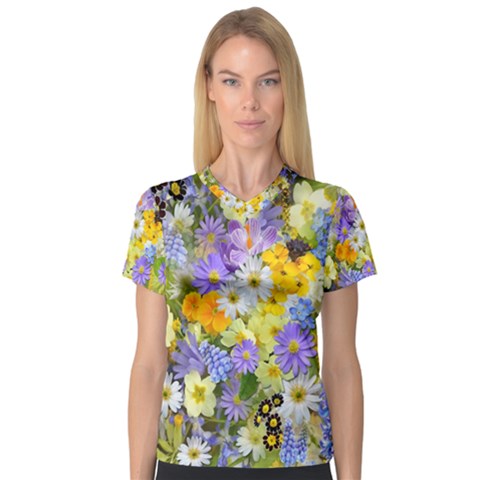 Spring Flowers V-neck Sport Mesh Tee by artworkshop