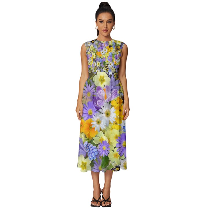 Spring Flowers Sleeveless Round Neck Midi Dress