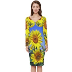 Sunflower Gift Long Sleeve V-neck Bodycon Dress  by artworkshop