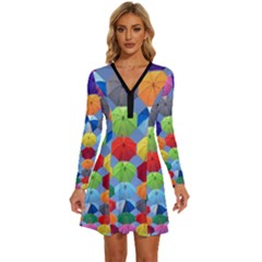 Umbrella Long Sleeve Deep V Mini Dress  by artworkshop