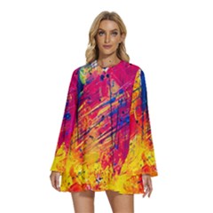 Various Colors Round Neck Long Sleeve Bohemian Style Chiffon Mini Dress