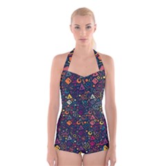 Doodle Pattern Boyleg Halter Swimsuit  by Grandong