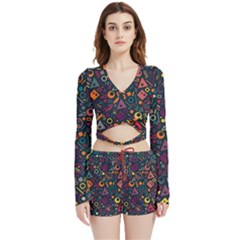 Doodle Pattern Velvet Wrap Crop Top And Shorts Set by Grandong