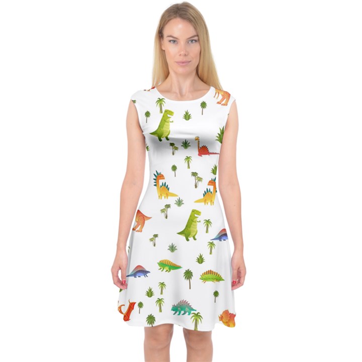 Vector Baby Dino Seamless Pattern Capsleeve Midi Dress