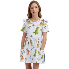 Vector Baby Dino Seamless Pattern Kids  Frilly Sleeves Pocket Dress by Grandong