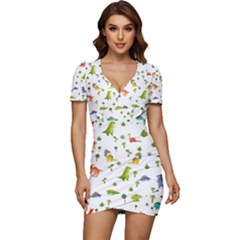 Vector Baby Dino Seamless Pattern Low Cut Cap Sleeve Mini Dress by Grandong