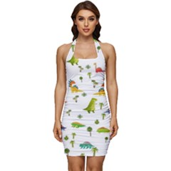 Vector Baby Dino Seamless Pattern Sleeveless Wide Square Neckline Ruched Bodycon Dress by Grandong