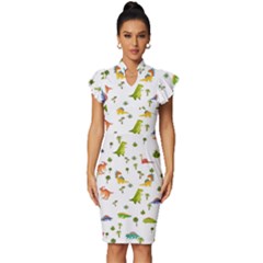 Vector Baby Dino Seamless Pattern Vintage Frill Sleeve V-neck Bodycon Dress by Grandong