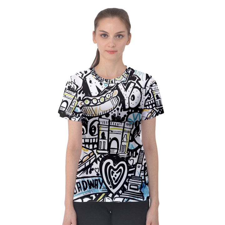 New York City Nyc Broadway Doodle Art Women s Sport Mesh Tee