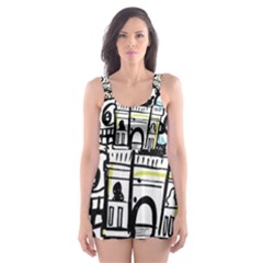 New York City Nyc Broadway Doodle Art Skater Dress Swimsuit by Grandong