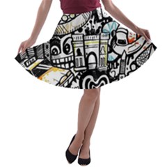 New York City Nyc Broadway Doodle Art A-line Skater Skirt by Grandong