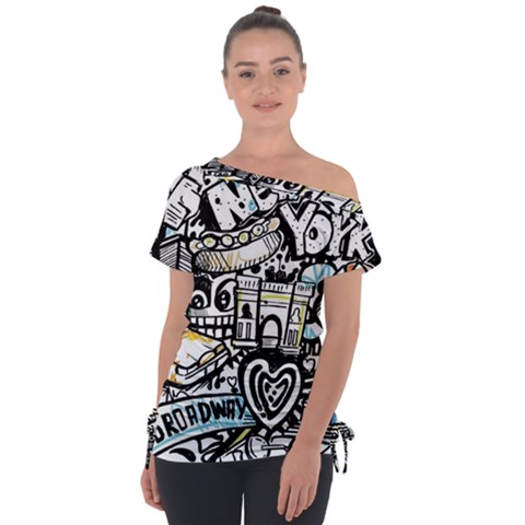 New York City Nyc Broadway Doodle Art Off Shoulder Tie-up Tee by Grandong