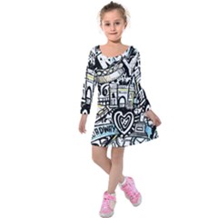 New York City Nyc Broadway Doodle Art Kids  Long Sleeve Velvet Dress by Grandong