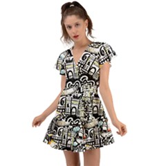 New York City Nyc Broadway Doodle Art Flutter Sleeve Wrap Dress by Grandong