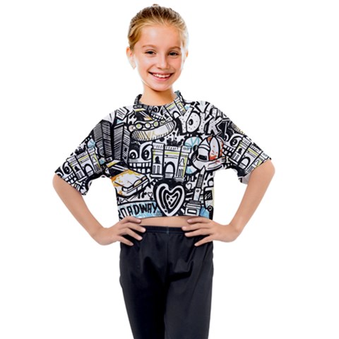 New York City Nyc Broadway Doodle Art Kids Mock Neck Tee by Grandong