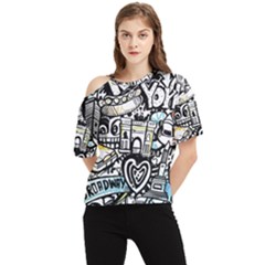 New York City Nyc Broadway Doodle Art One Shoulder Cut Out Tee by Grandong