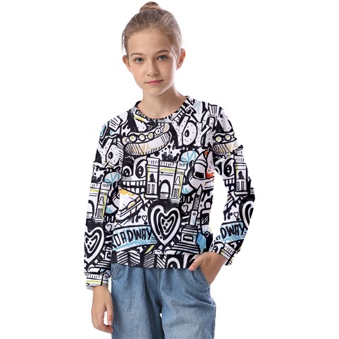 New York City Nyc Broadway Doodle Art Kids  Long Sleeve Tee With Frill  by Grandong