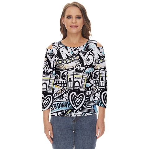 New York City Nyc Broadway Doodle Art Cut Out Wide Sleeve Top by Grandong