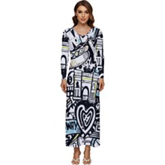 New York City Nyc Broadway Doodle Art Long Sleeve Longline Maxi Dress by Grandong