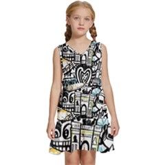 New York City Nyc Broadway Doodle Art Kids  Sleeveless Tiered Mini Dress by Grandong