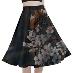 White Flower A-line Full Circle Midi Skirt With Pocket by artworkshop