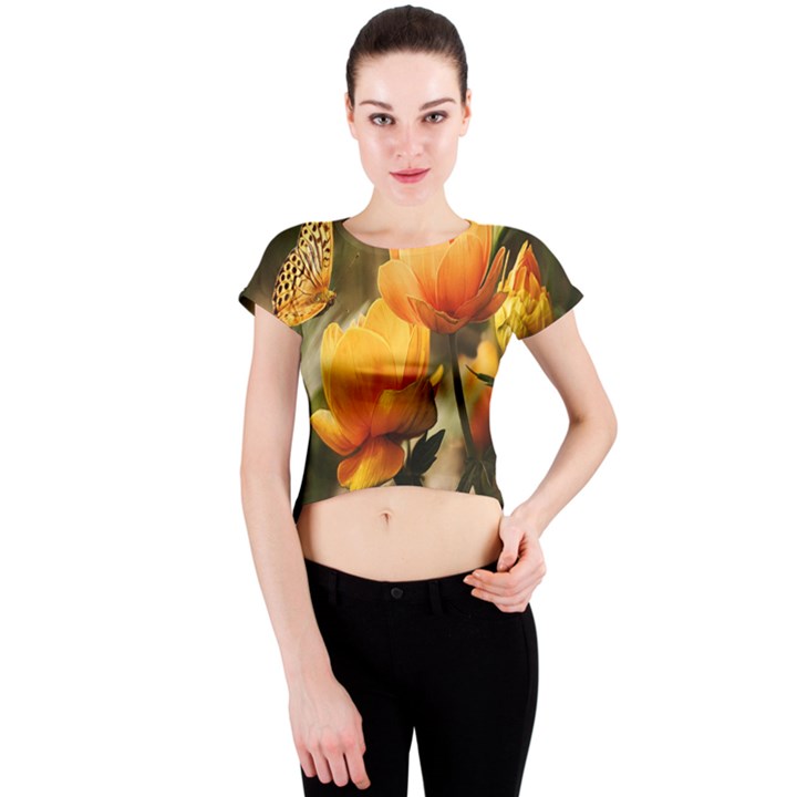 Yellow Butterfly Flower Crew Neck Crop Top