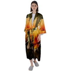 Yellow Butterfly Flower Maxi Satin Kimono