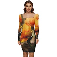 Yellow Butterfly Flower Women Long Sleeve Ruched Stretch Jersey Dress by artworkshop