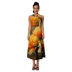 Yellow Butterfly Flower Sleeveless Cross Front Cocktail Midi Chiffon Dress by artworkshop