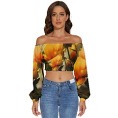 Yellow Butterfly Flower Long Sleeve Crinkled Weave Crop Top by artworkshop