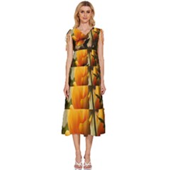 Yellow Butterfly Flower V-neck Drawstring Shoulder Sleeveless Maxi Dress by artworkshop