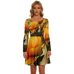 Yellow Butterfly Flower Long Sleeve Wide Neck Velvet Dress by artworkshop