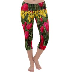 Yellow Pink Red Flowers Capri Yoga Leggings by artworkshop