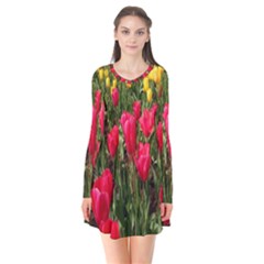 Yellow Pink Red Flowers Long Sleeve V-neck Flare Dress by artworkshop