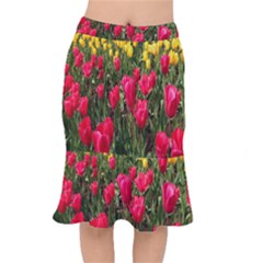 Yellow Pink Red Flowers Short Mermaid Skirt by artworkshop