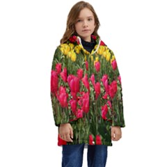 Yellow Pink Red Flowers Kids  Hooded Longline Puffer Jacket by artworkshop