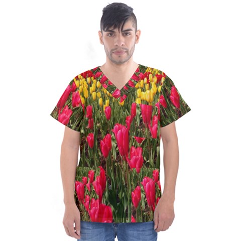 Yellow Pink Red Flowers Men s V-neck Scrub Top by artworkshop