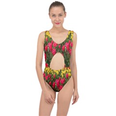 Yellow Pink Red Flowers Center Cut Out Swimsuit