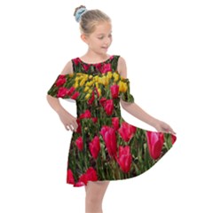 Yellow Pink Red Flowers Kids  Shoulder Cutout Chiffon Dress by artworkshop