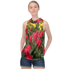 Yellow Pink Red Flowers High Neck Satin Top