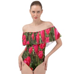 Yellow Pink Red Flowers Off Shoulder Velour Bodysuit  by artworkshop