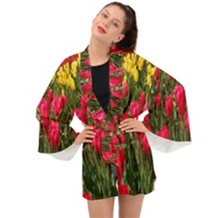 Yellow Pink Red Flowers Long Sleeve Kimono by artworkshop