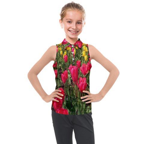 Yellow Pink Red Flowers Kids  Sleeveless Polo Tee by artworkshop