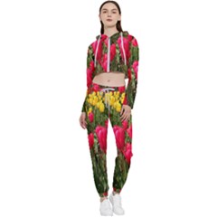 Yellow Pink Red Flowers Cropped Zip Up Lounge Set by artworkshop