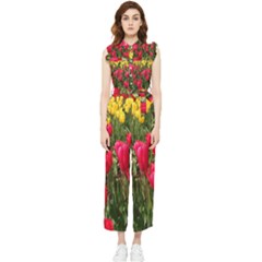 Yellow Pink Red Flowers Women s Frill Top Chiffon Jumpsuit by artworkshop