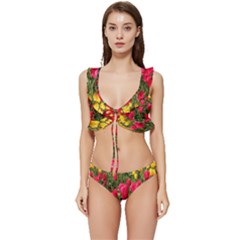 Yellow Pink Red Flowers Low Cut Ruffle Edge Bikini Set by artworkshop