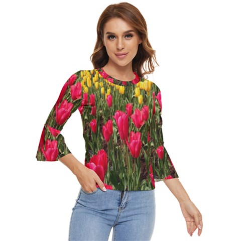 Yellow Pink Red Flowers Bell Sleeve Top by artworkshop