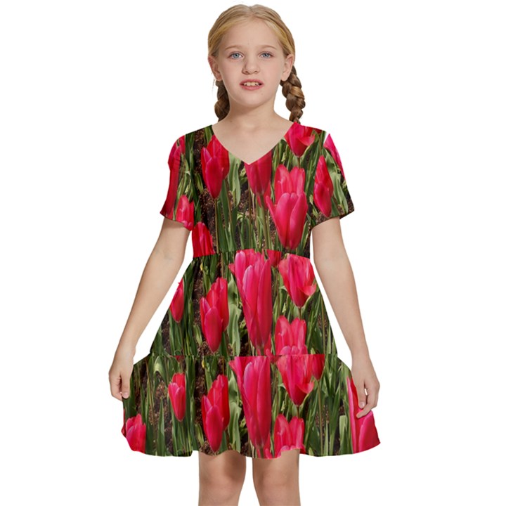 Yellow Pink Red Flowers Kids  Short Sleeve Tiered Mini Dress